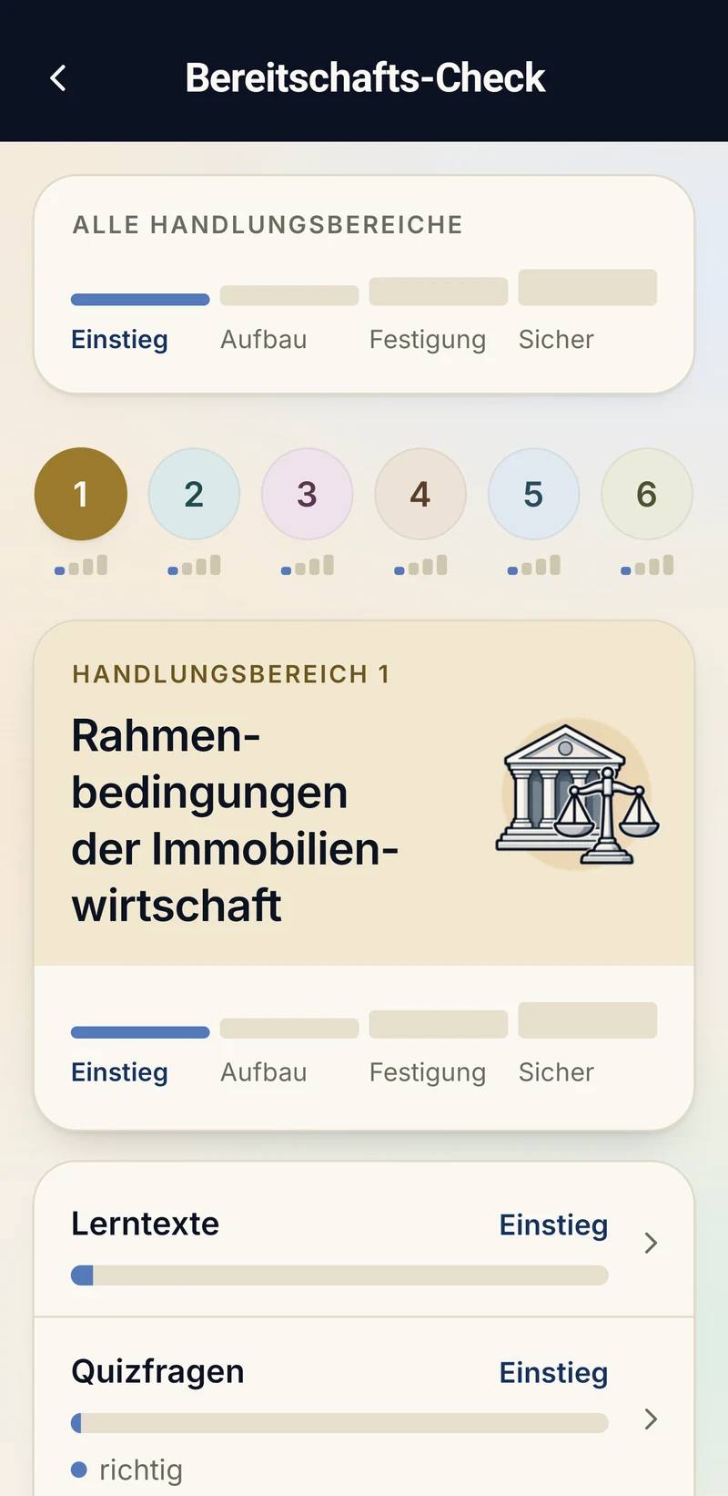App-Bildschirm Bereitschafts-Check: Stand je Handlungsbereich