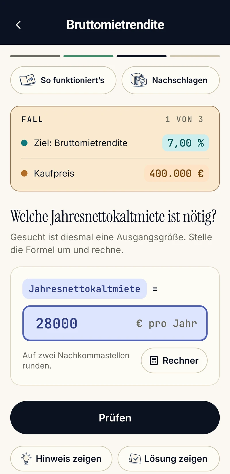 App-Bildschirm Formel-Training: Bruttomietrendite berechnen