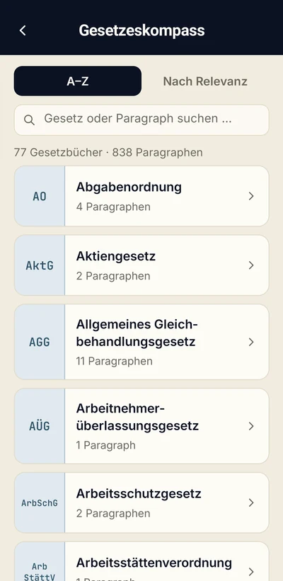 App-Bildschirm Gesetzeskompass mit Gesetzen von A bis Z