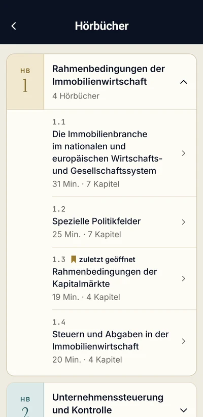App-Bildschirm Hörbücher: Übersicht nach Handlungsbereich