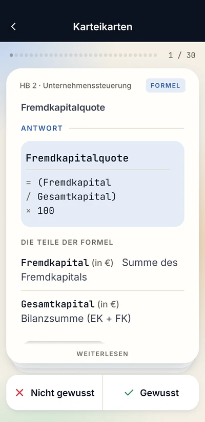 App-Bildschirm Karteikarte, Rückseite mit Antwort