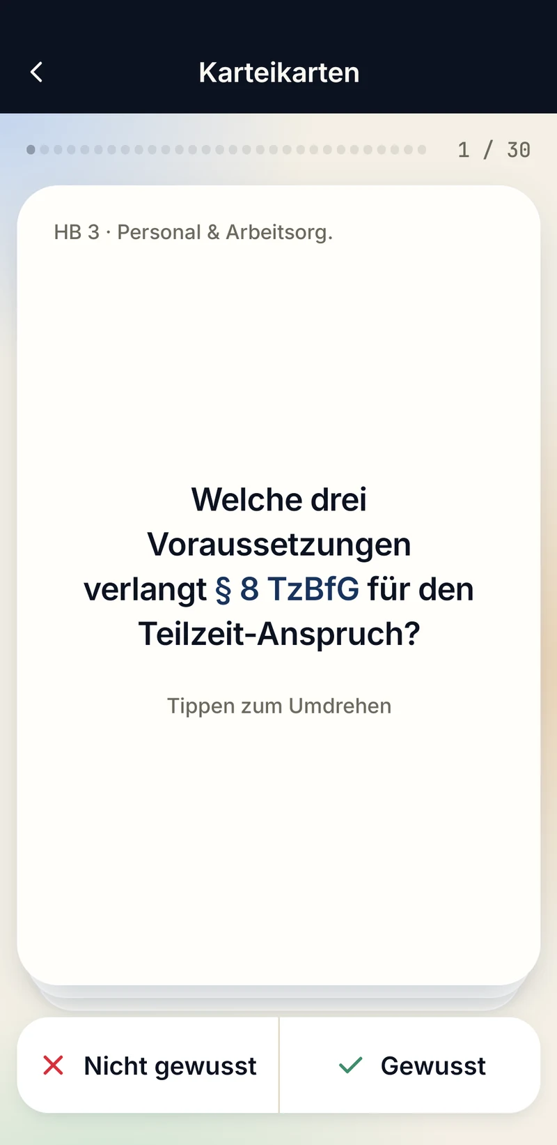 App-Bildschirm Karteikarte, Vorderseite mit Frage