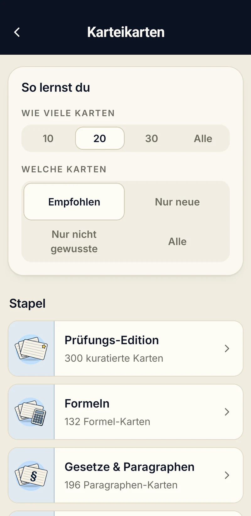 App-Bildschirm Karteikarten: Auswahl der Stapel