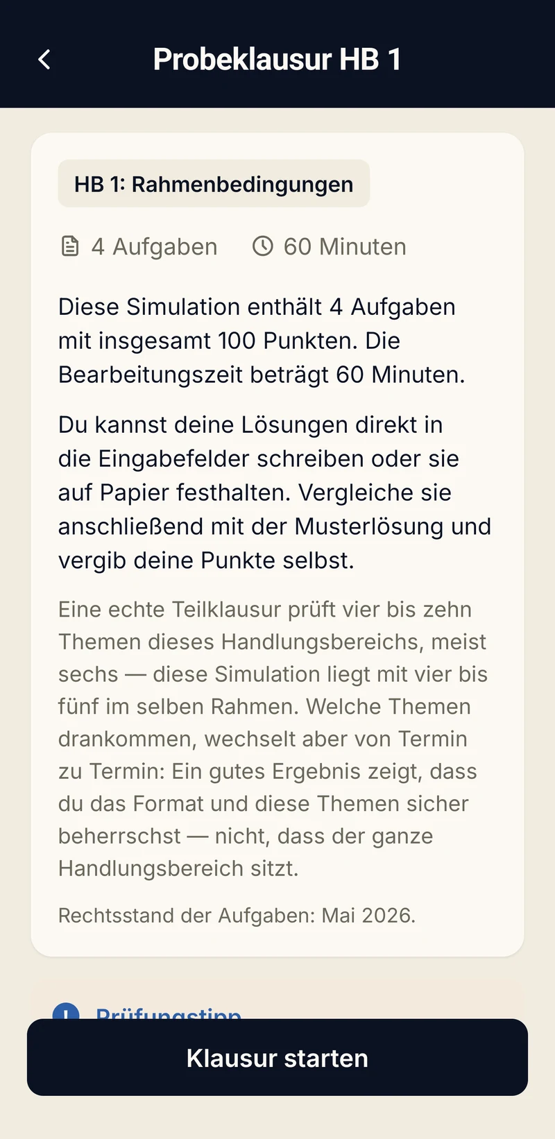 App-Bildschirm Probeklausur: Aufgaben, Zeit und Hinweise vor dem Start