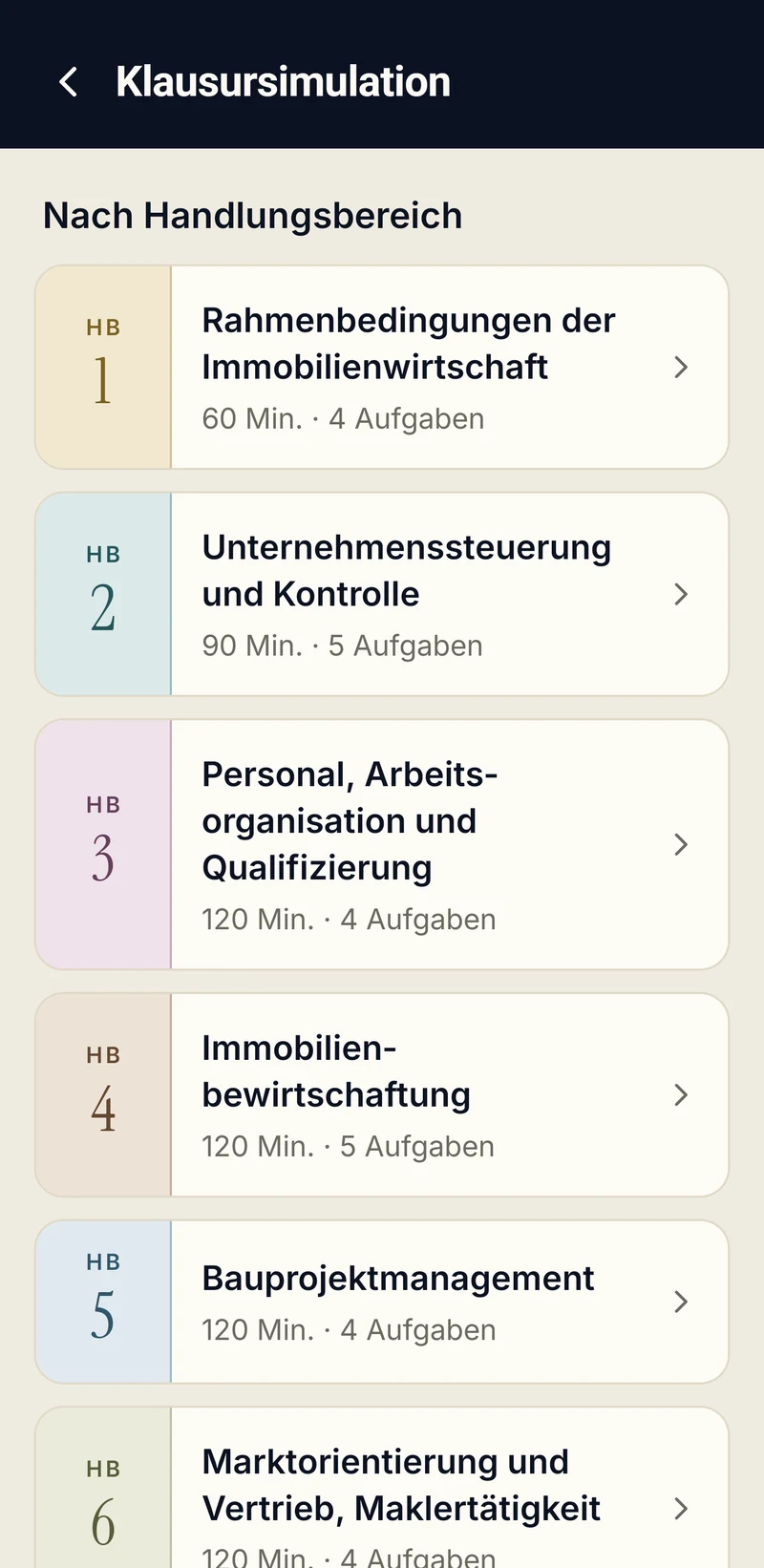App-Bildschirm Klausursimulation: Übungsklausuren nach Handlungsbereich