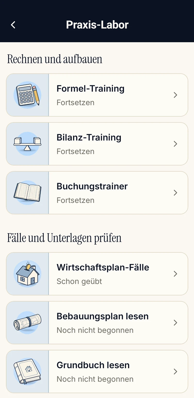 App-Bildschirm Praxis-Labor: Übersicht der Module