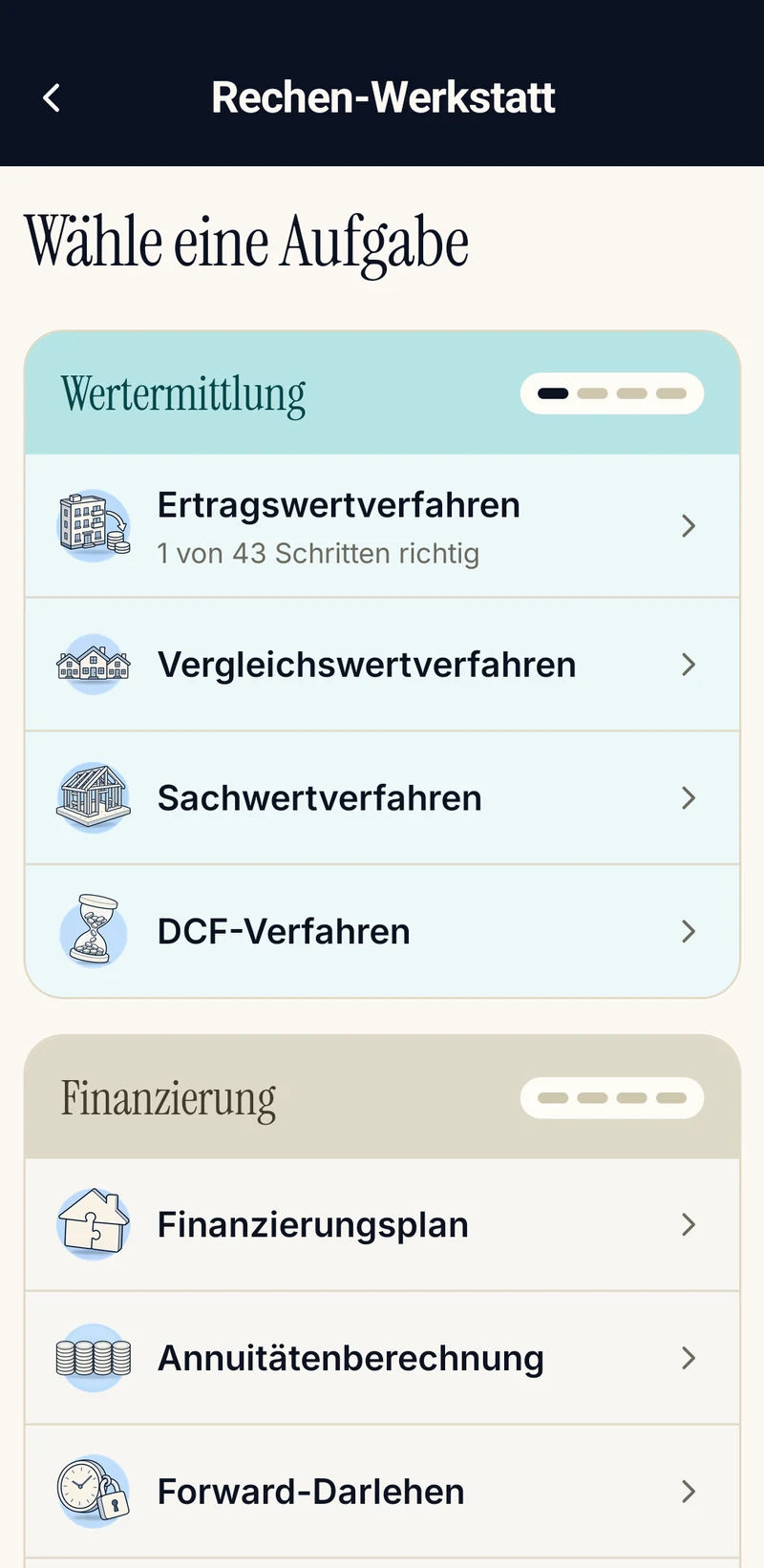 App-Bildschirm Rechen-Werkstatt: Aufgaben zur Auswahl