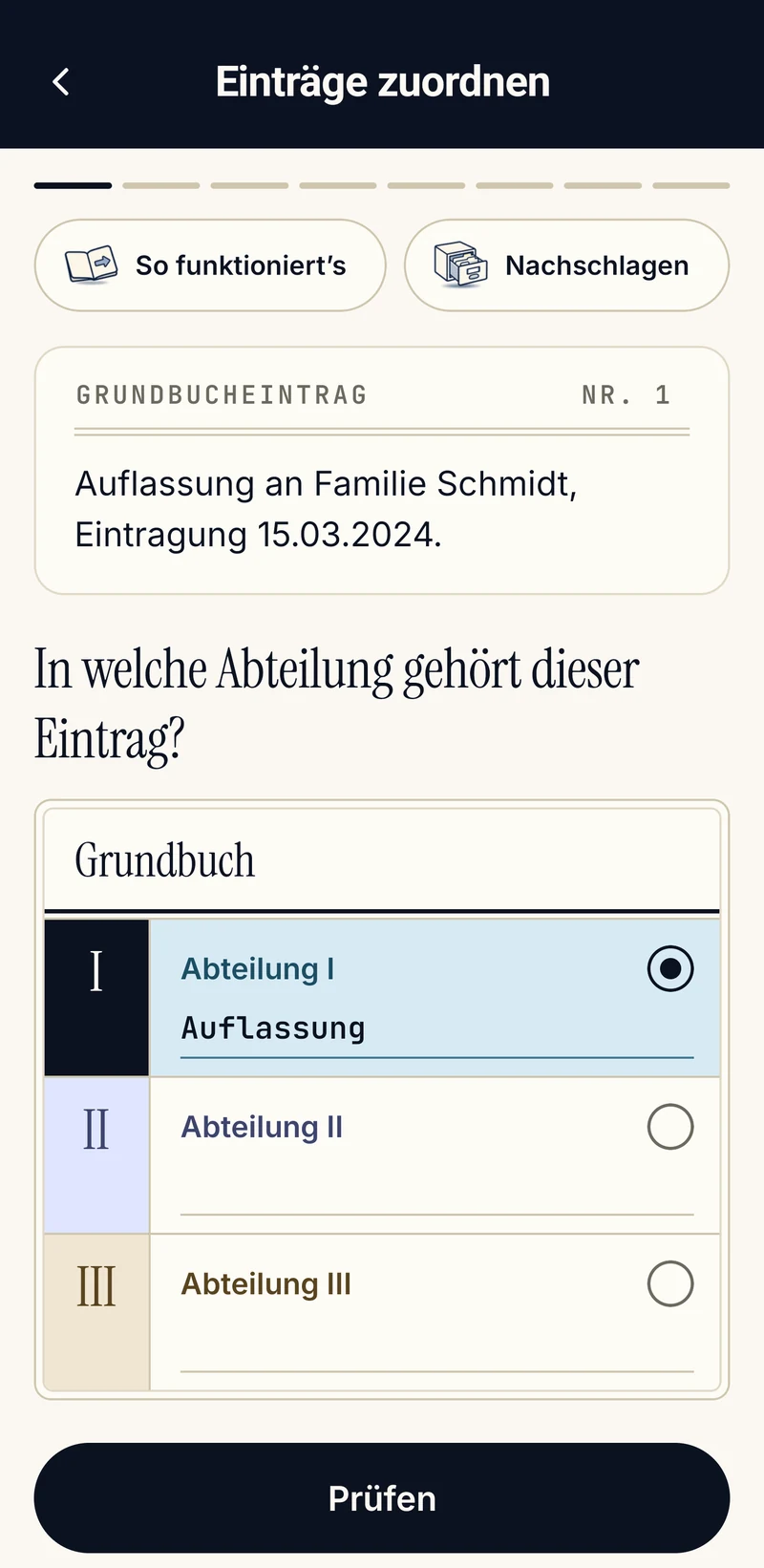 App-Bildschirm Praxis-Labor: Grundbucheinträge zuordnen