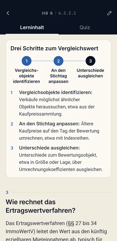 App-Bildschirm Lerntext: drei Schritte als Schaubild