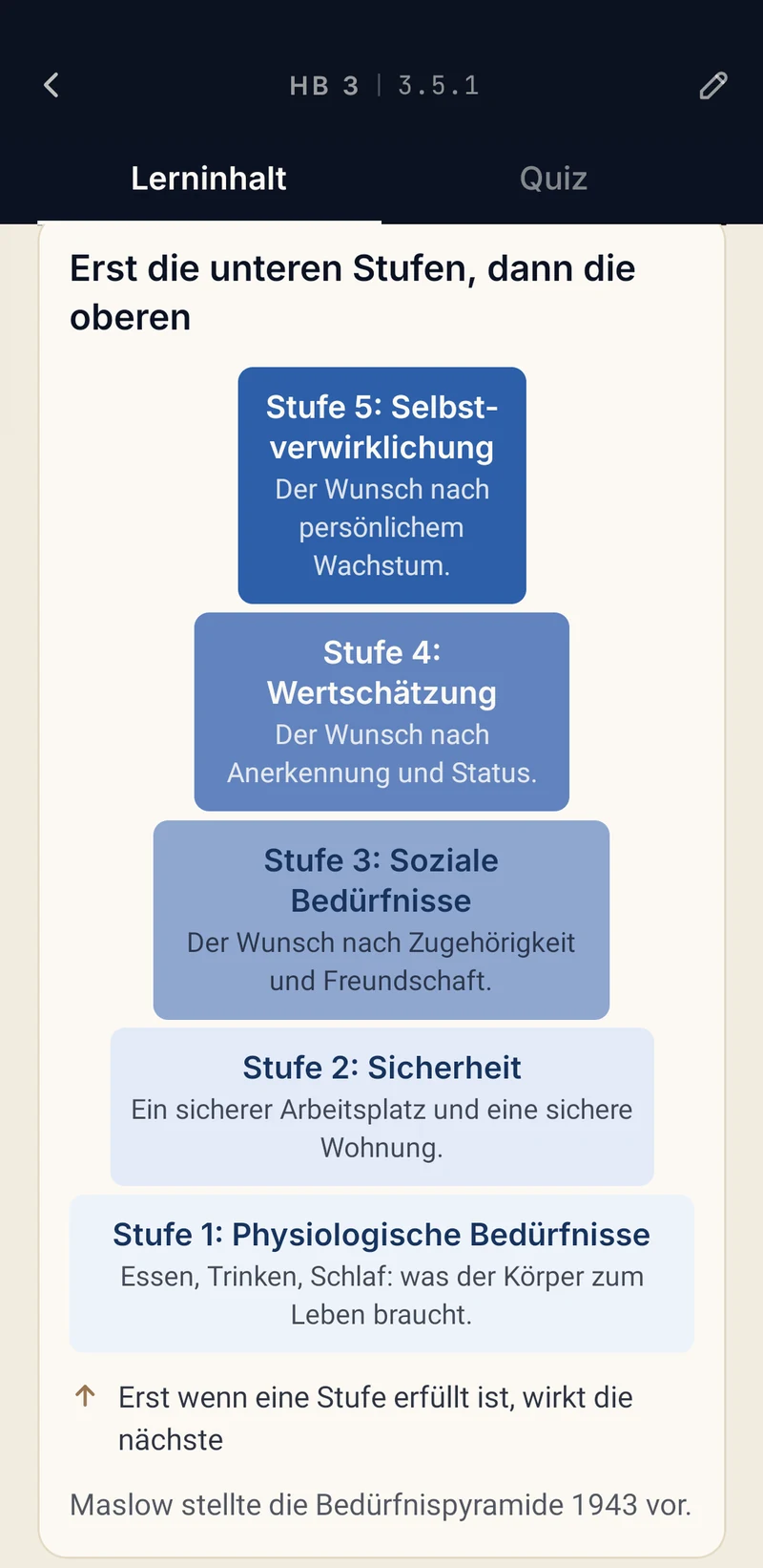 App-Bildschirm Lerntext mit Schaubild: Bedürfnispyramide nach Maslow in fünf Stufen