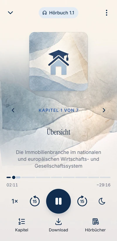 App-Bildschirm Hörbuch-Player mit Kapiteln, Tempo und Schlaf-Timer
