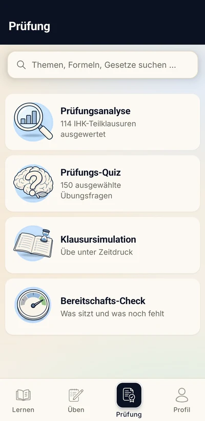 App-Bildschirm Prüfung: Prüfungsanalyse, Prüfungs-Quiz, Klausursimulation und Bereitschafts-Check