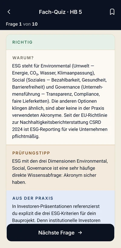 App-Bildschirm Fach-Quiz: Antwort mit Erklärung und Prüfungstipp
