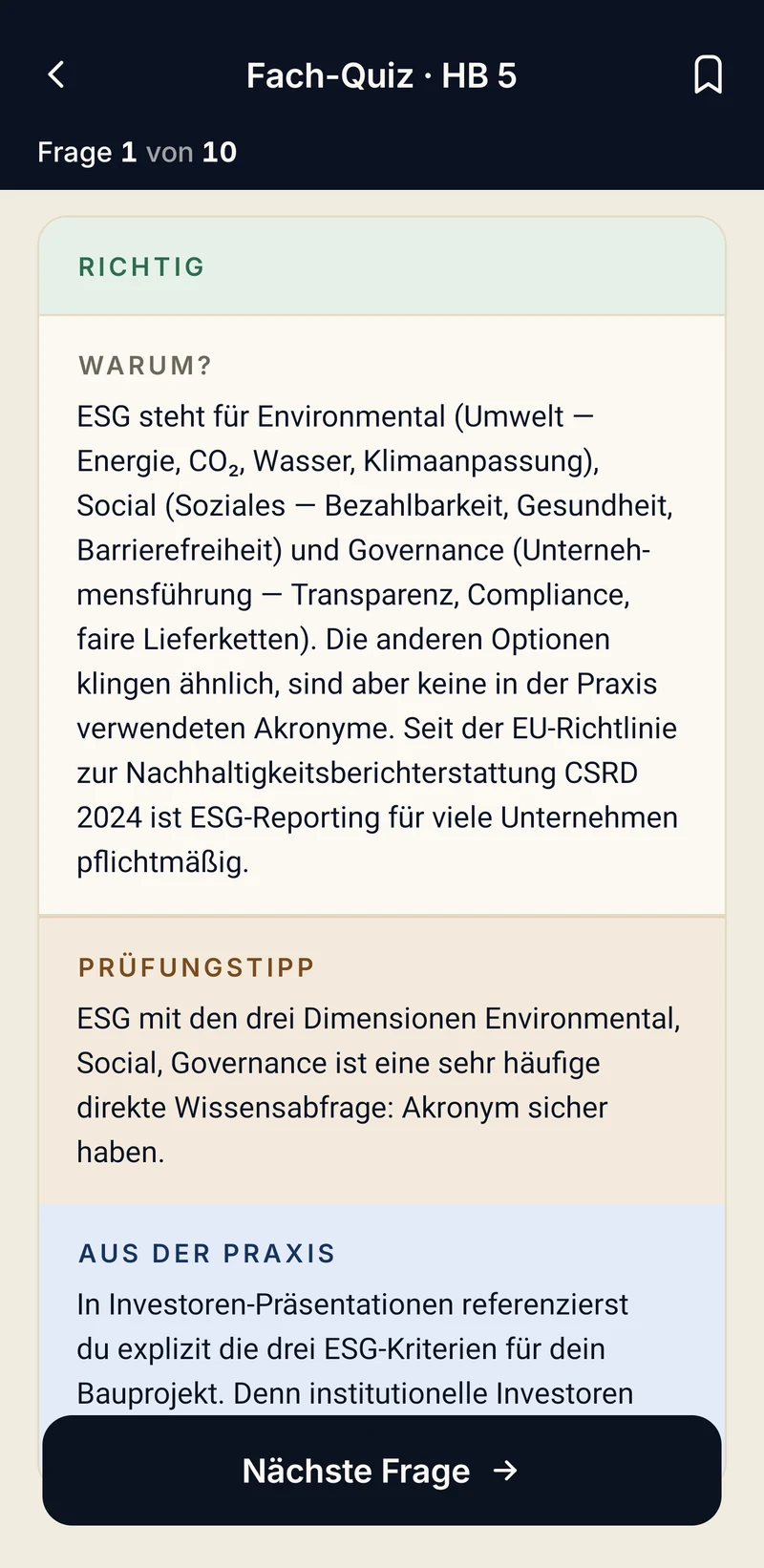 App-Bildschirm Fach-Quiz: Antwort mit Erklärung und Prüfungstipp