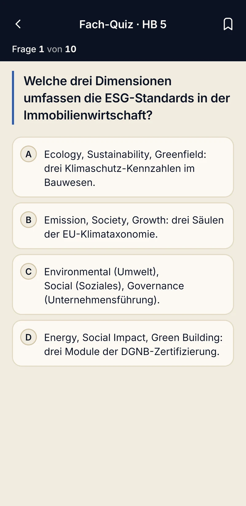 App-Bildschirm Fach-Quiz: Frage mit vier Antworten