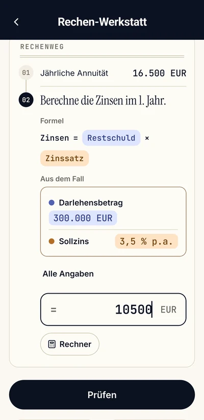 App-Bildschirm Rechen-Werkstatt: Rechenweg mit Eingabefeld