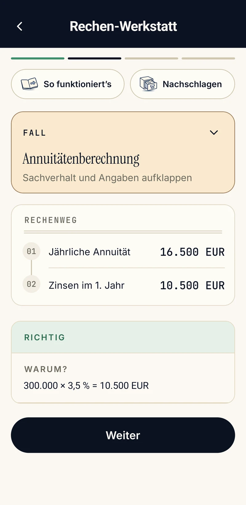 App-Bildschirm Rechen-Werkstatt: Rechenweg mit Ergebnis
