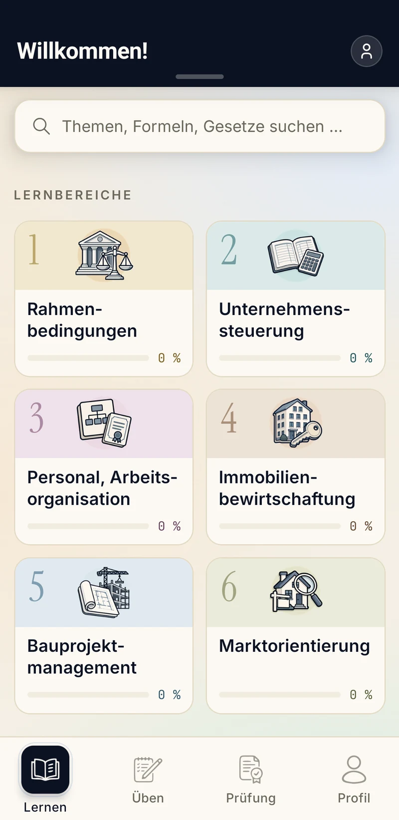 App-Bildschirm Lernen: die sechs Lernbereiche als Kacheln