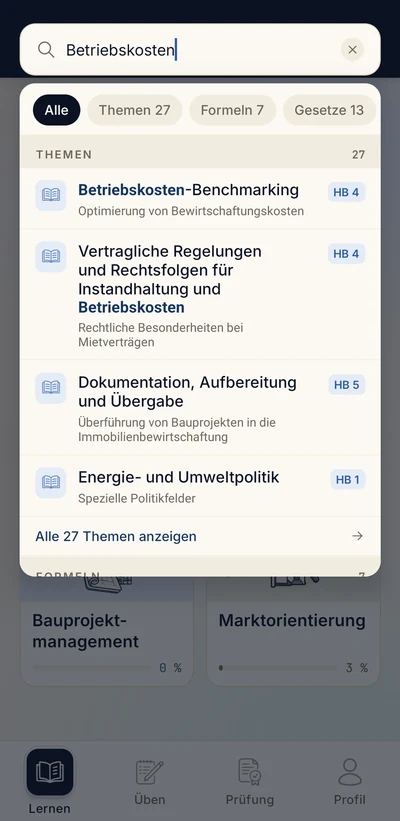 App-Bildschirm Suche mit Treffern zu Themen, Formeln und Gesetzen