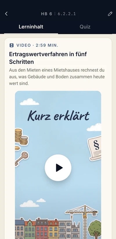 App-Bildschirm Erklärvideo: Karte mit Vorschaubild und Abspielknopf
