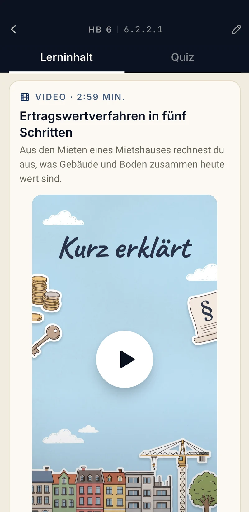 App-Bildschirm Erklärvideo: Karte mit Vorschaubild und Abspielknopf
